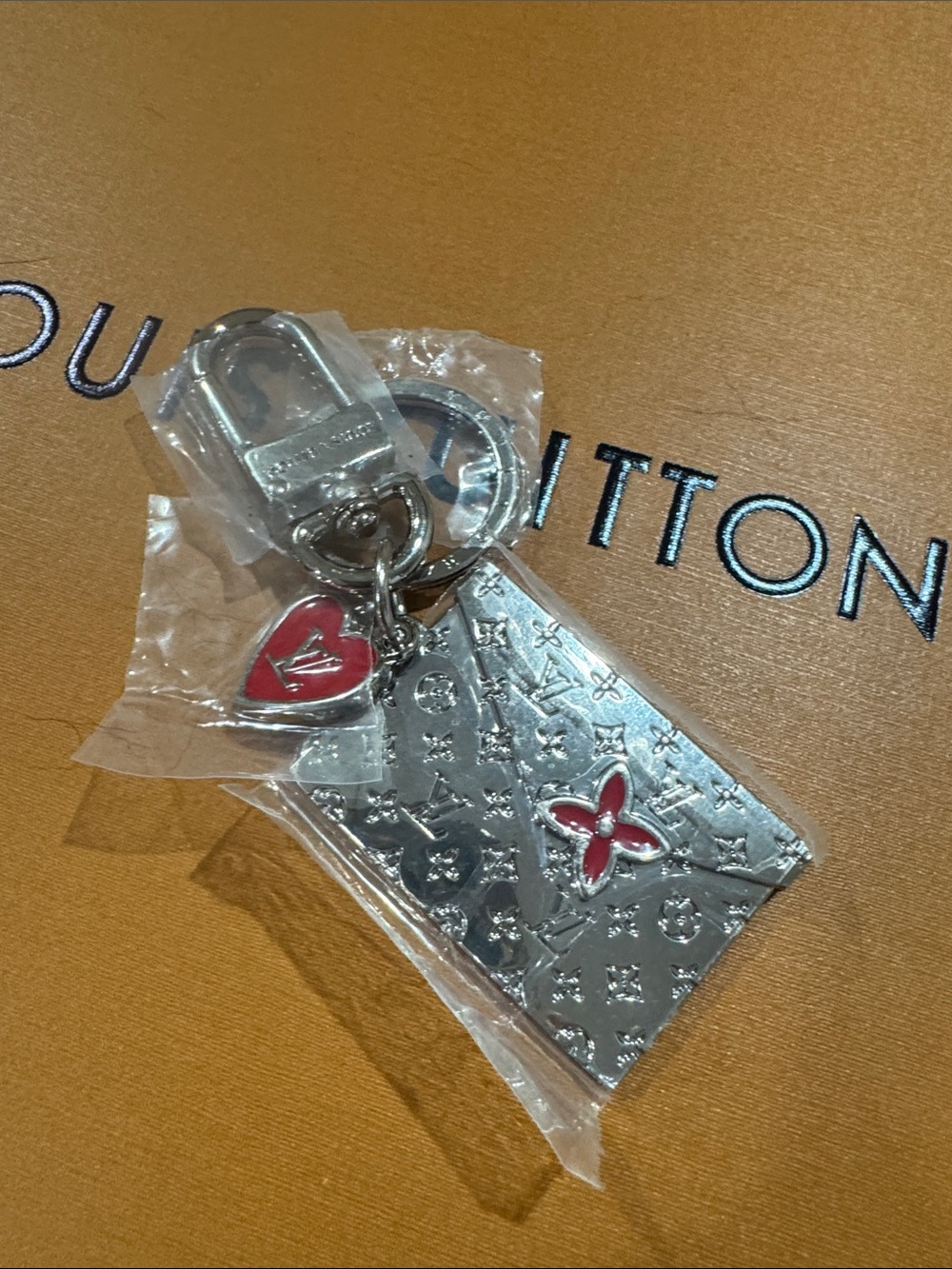 Silver Key & Card Charm with Red Enamel Accents